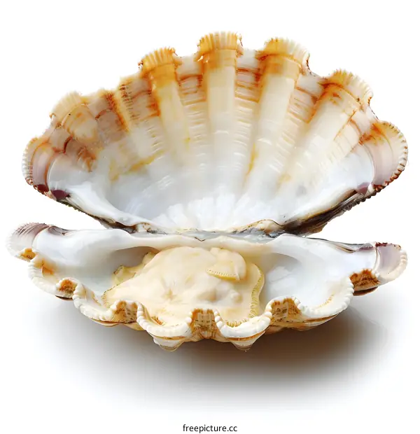 A closeup of an open seashell with a white background