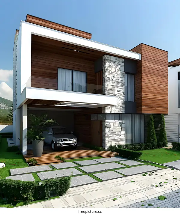 Modern Two Story House with Wooden Siding and Stone Accent Wall