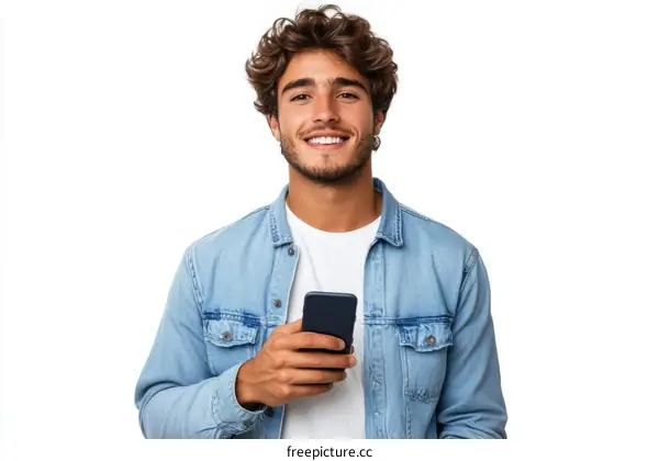 Smiling Young Man Holding Smartphone Portrait