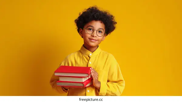 Smiling Child Holding Books Against a Bright Yellow Background