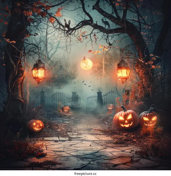 Spooky Halloween night background with pumpkins and scary trees
