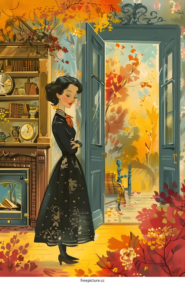 An illustration of a woman standing in a room with an open door