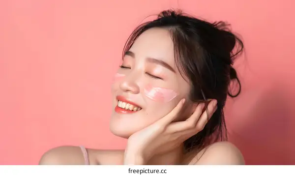 Beautiful Asian Woman with Pink Skin Care Mask