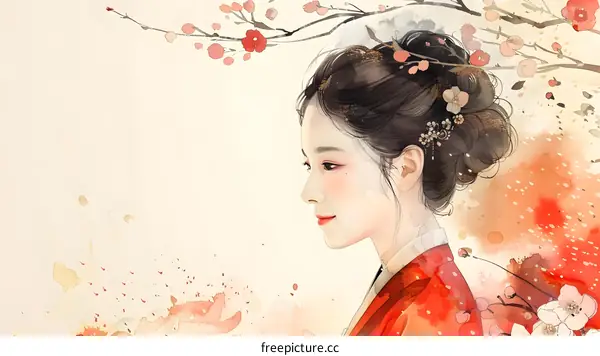 A beautiful Korean woman in traditional dress stands in a field of flowers.