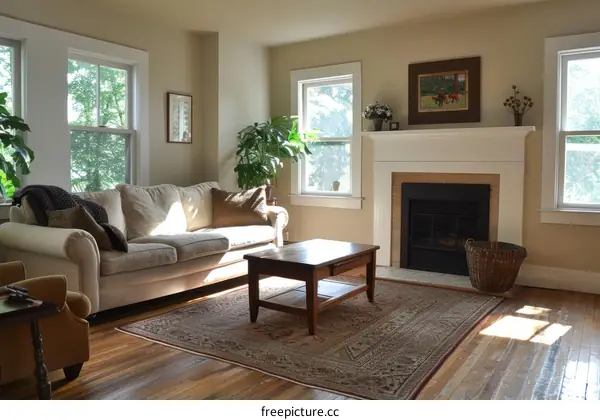 Cozy Living Room with Fireplace and Comfortable Sofa