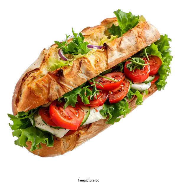 [Transparent Background PNG]Fresh sandwich with mozzarella, tomatoes, cucumbers and lettuce