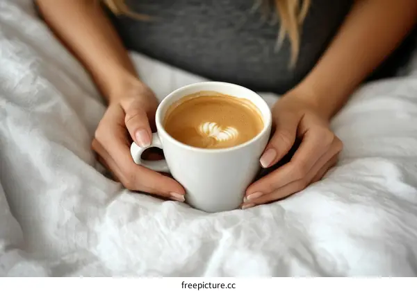 Woman Enjoying Morning Coffee on Bed