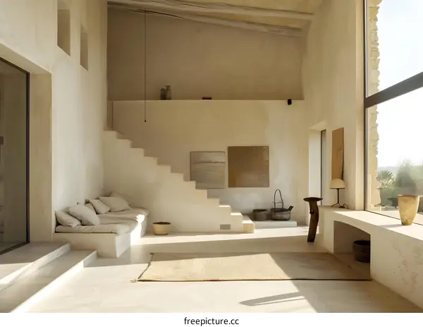 Minimalist Living Room Interior Design with White Walls and Wooden Beams