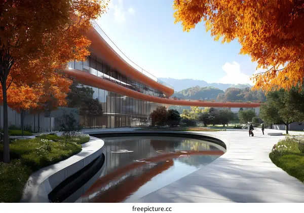 Modern Building with Curved Architecture and a Pond in Autumn