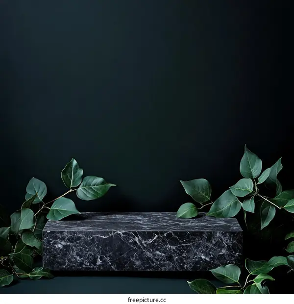 Dark Green Background with Black Marble Display Platform and Leaves
