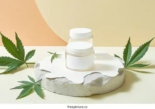 Cosmetic Containers with Cannabis Leaves on a Display Stand