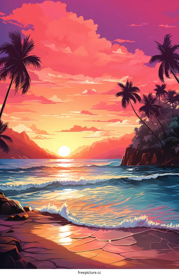 Beach sunset landscape with palm trees