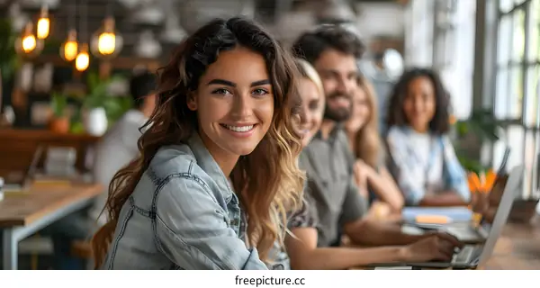 Portrait of a smiling young woman with long brown hair sitting in a cafe with friends