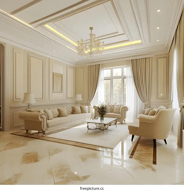 Luxury Living Room Interior Design with Beige Sofa and Chandelier