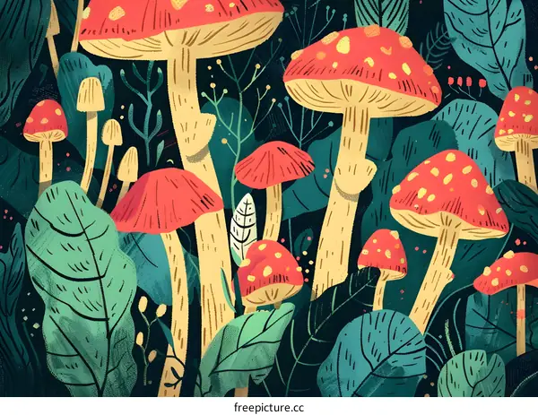 Red and Yellow Mushrooms in the Forest