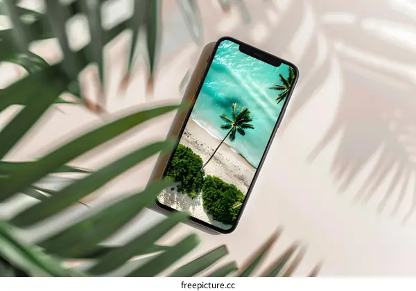 Tropical Beach Landscape on a Smartphone Screen with Palm Leaves