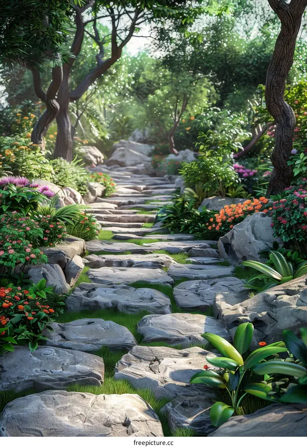 Stone Path Through a Lush Garden