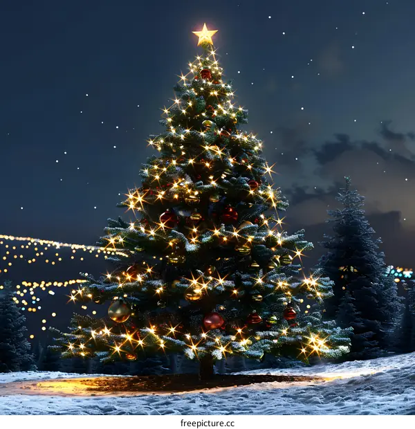 Christmas tree shining in the snow