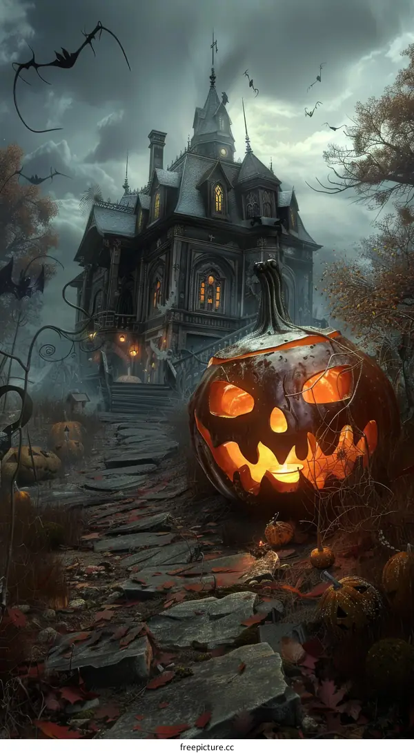 Spooky Haunted House with Carved Pumpkin