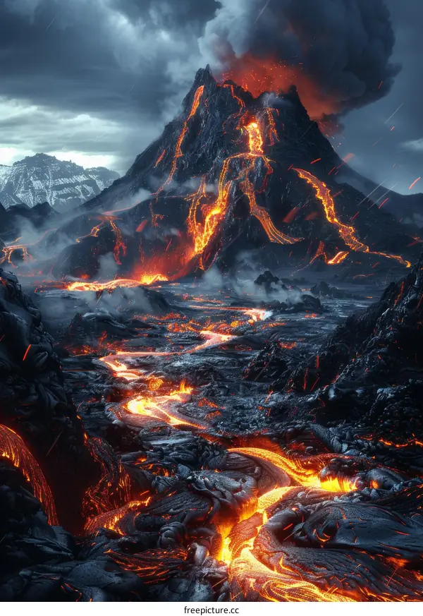 Lava Flowing Down a Mountainside During a Volcanic Eruption