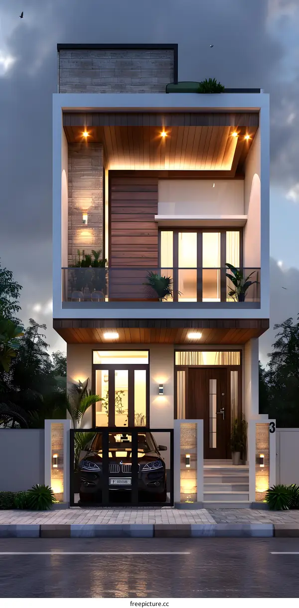 A modern two-story house with a garage and a terrace