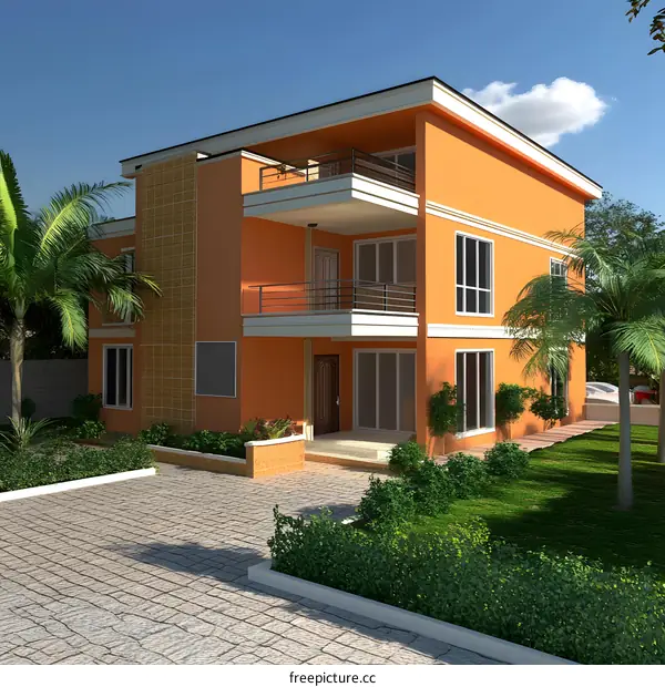 Modern Orange House Exterior Design with Green Landscaping