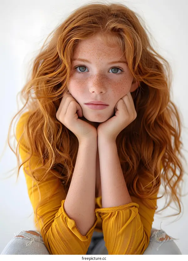 Portrait of a Young Girl with Red Hair and Freckles
