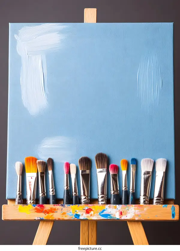 Paintbrushes on an Easel with a Blue Canvas