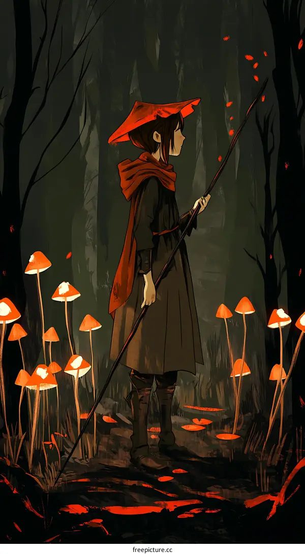 Girl in Red Hood Walking in the Forest