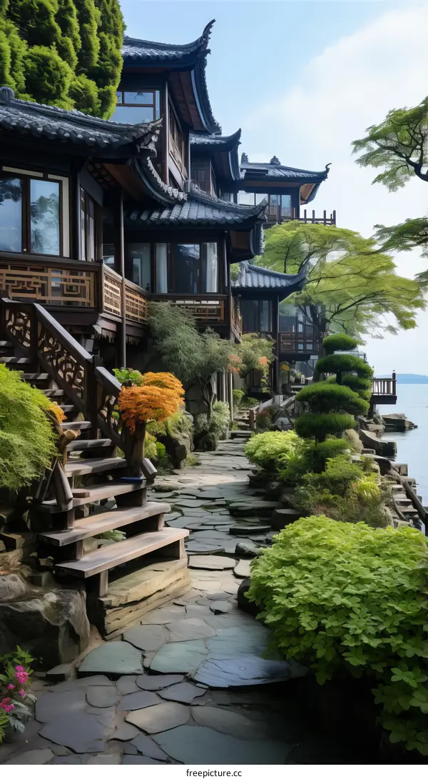 Oriental architecture house near the lake with beautiful garden