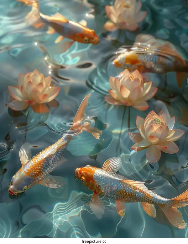 Colorful锦鲤鱼swimming in a pond with beautiful lotuses