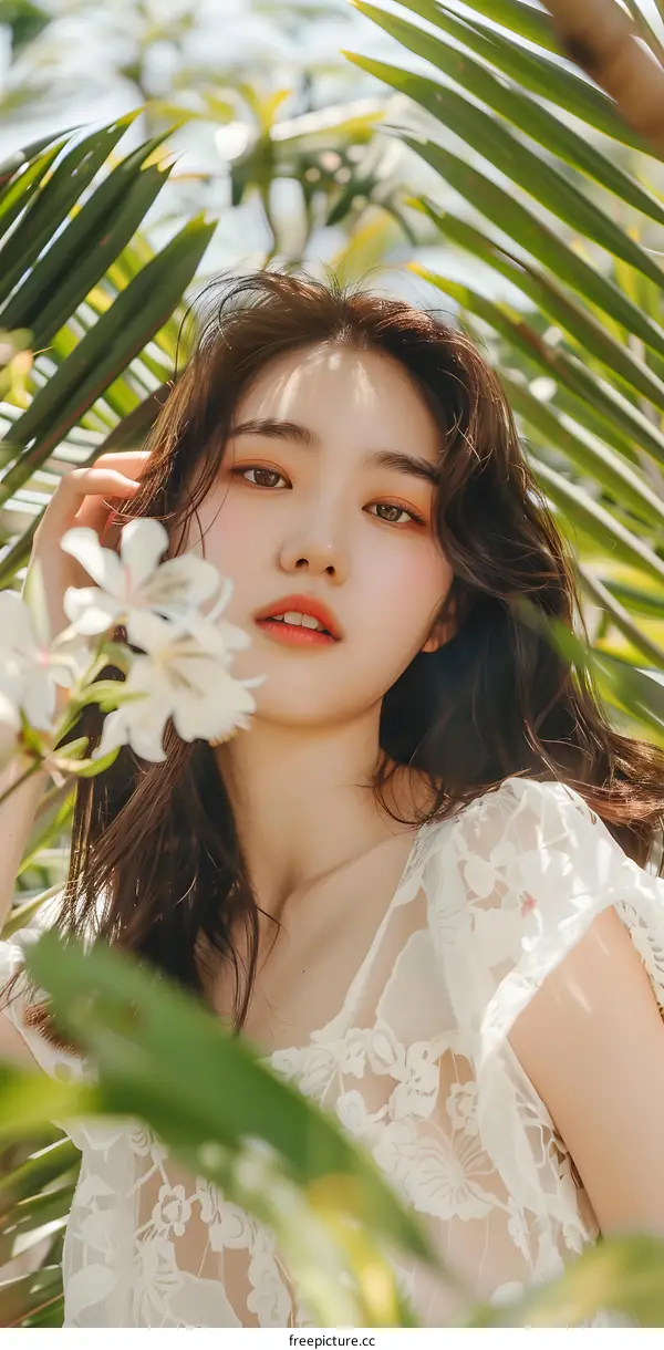 Young Woman With Brown Hair Posing With White Flowers