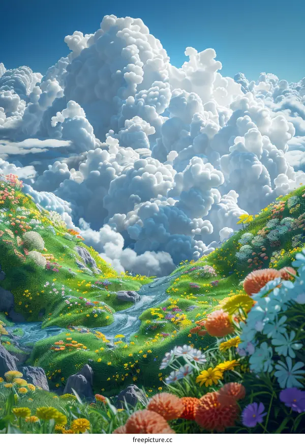 Serene Landscape with Colorful Flowers and Green Hills