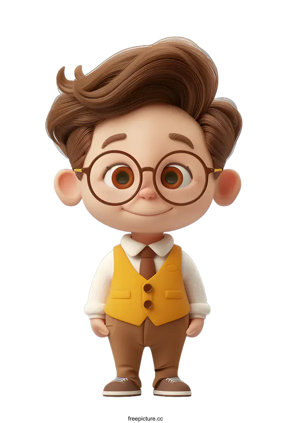 [Transparent Background PNG]A 3D rendering of a young boy wearing glasses and a vest
