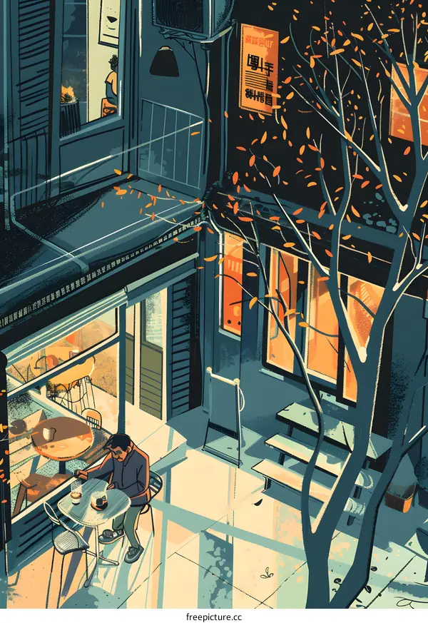 Coffee Shop Illustration with Man Sitting at Table