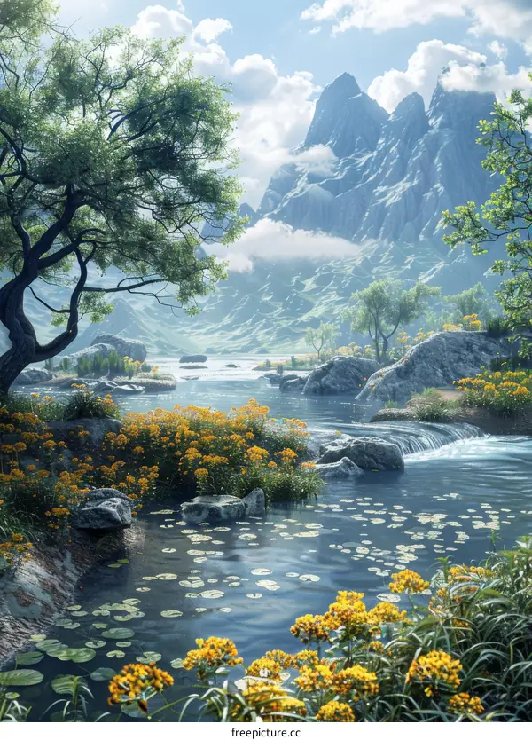 River and Mountains in a Valley with Yellow Flowers and Trees