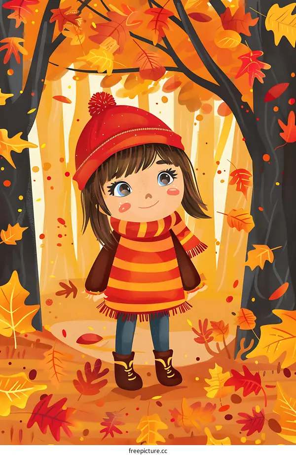 Smiling Girl in Autumn Forest Illustration