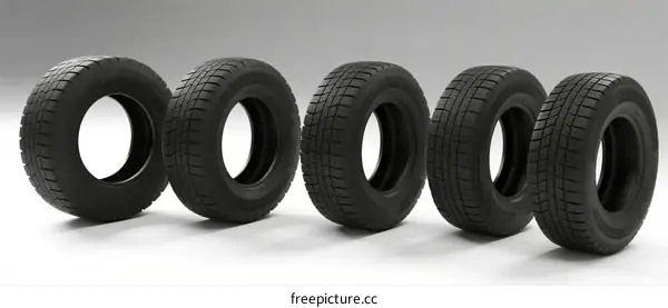 Five black rubber tires arranged in a row on white background