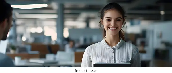 Smiling Woman Holding Tablet In Office Setting