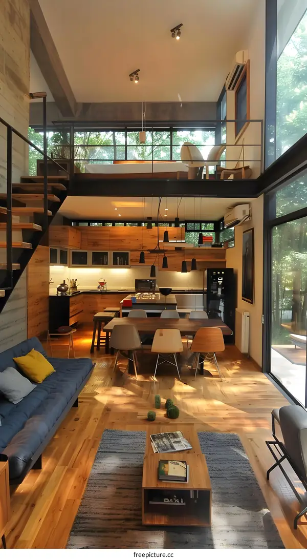 Modern Loft Apartment With Wooden Floor And Open Kitchen