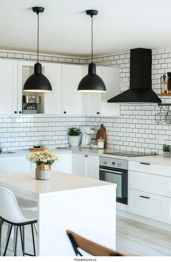 Modern White Kitchen with Black Pendant Lights