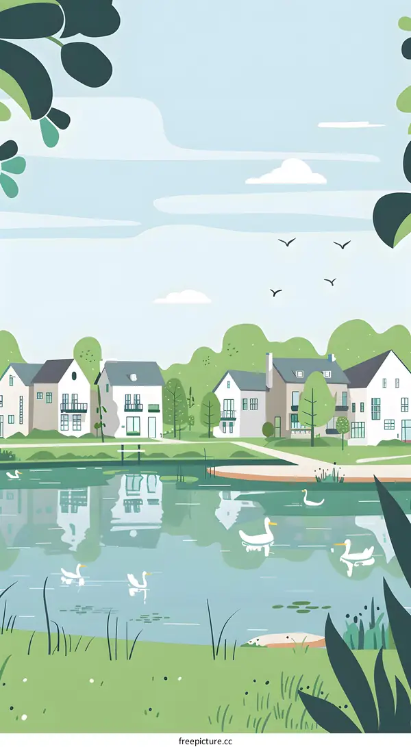 Peaceful Lakeside Homes with Birds Flying Overhead