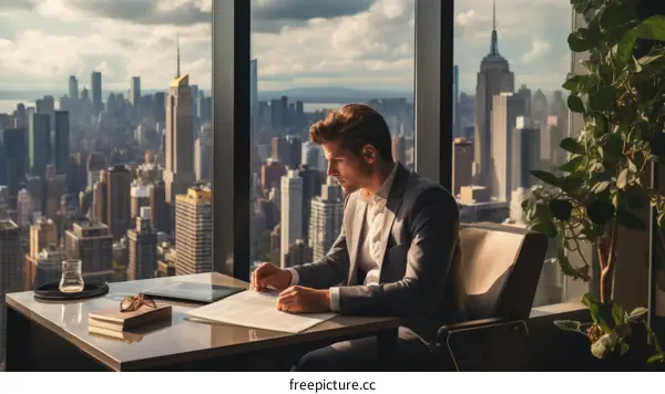 Businessman looking out at the cityscape from his office window