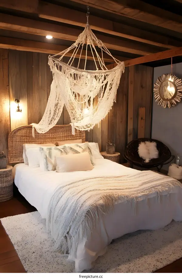 Rustic Bedroom with White Macrame Canopy