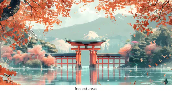 red torii gate in the middle of a lake surrounded by trees in autumn