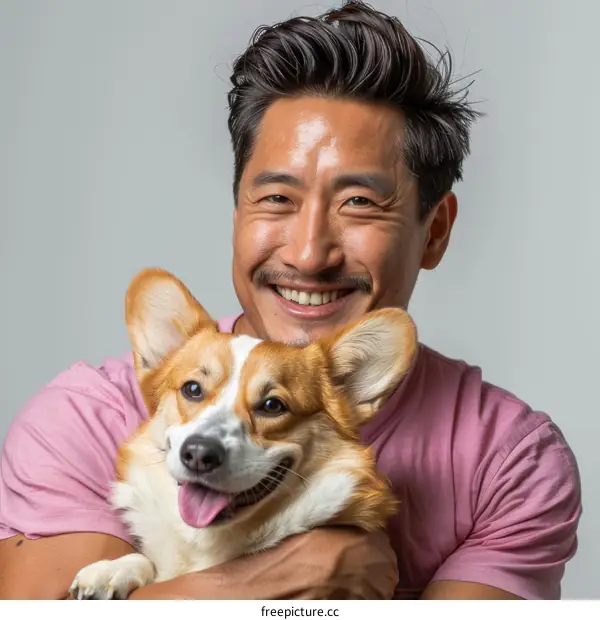 Asian man smiling with his corgi dog