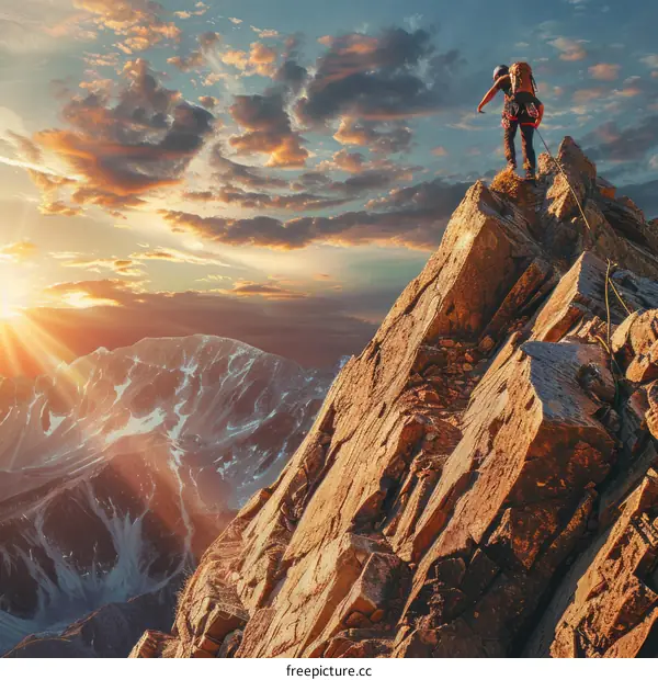 Man reaches the summit of a mountain and looks out at the view