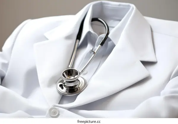 A stethoscope rests on a white lab coat