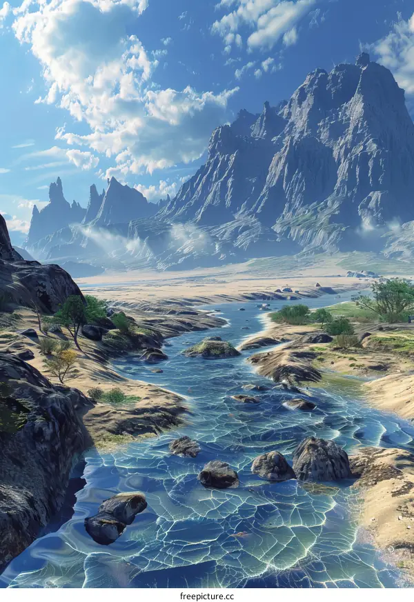 Fantasy Landscape with Towering Mountains and a Tranquil River