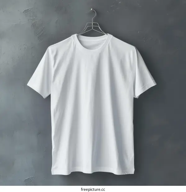 White T-shirt hanging on a hanger on a gray background
